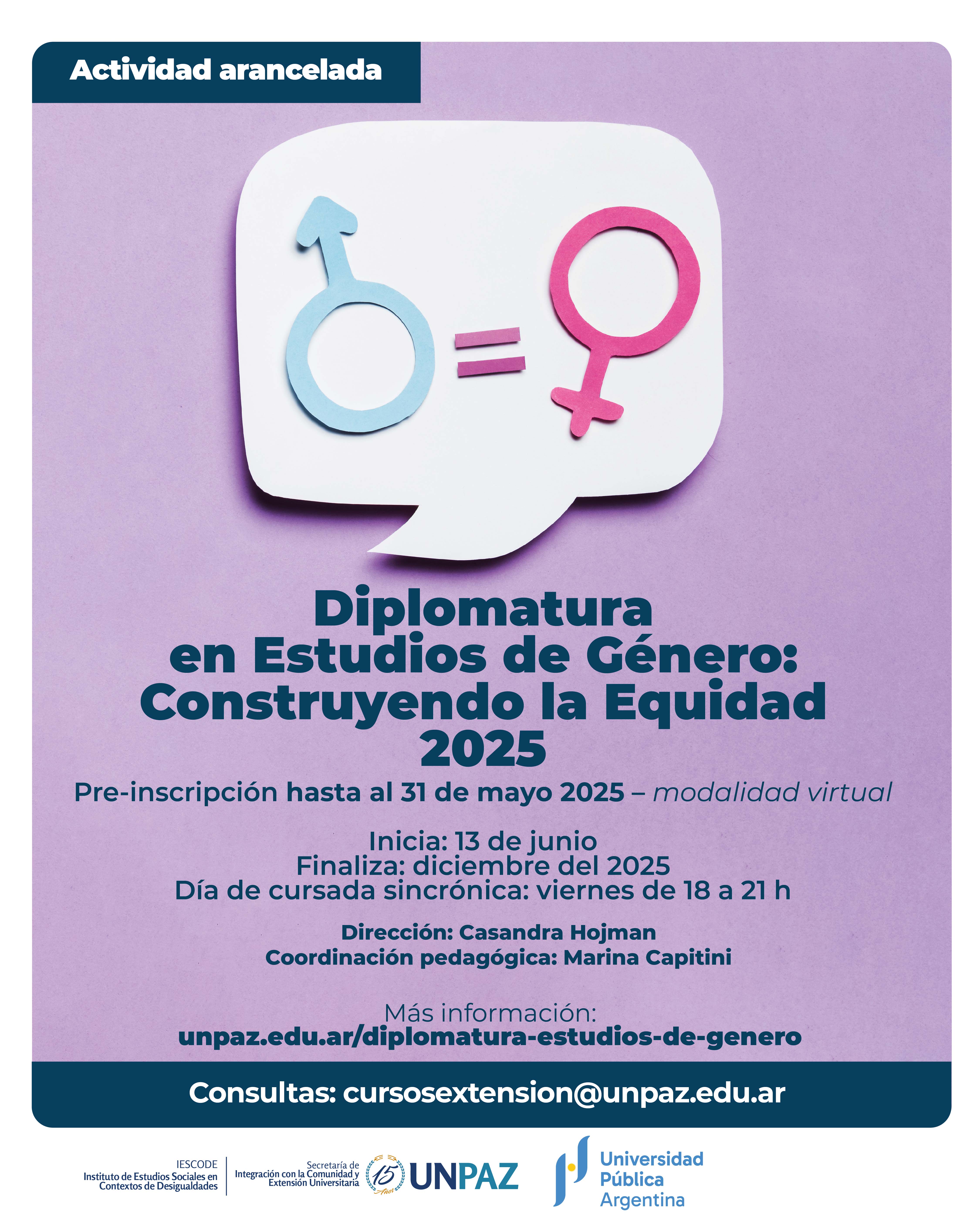 INSCRIPCIÓN ABIERTA A LA “DIPLOMATURA EN ESTUDIOS DE GÉNERO: CONSTRUYENDO EQUIDAD” - UNPAZ