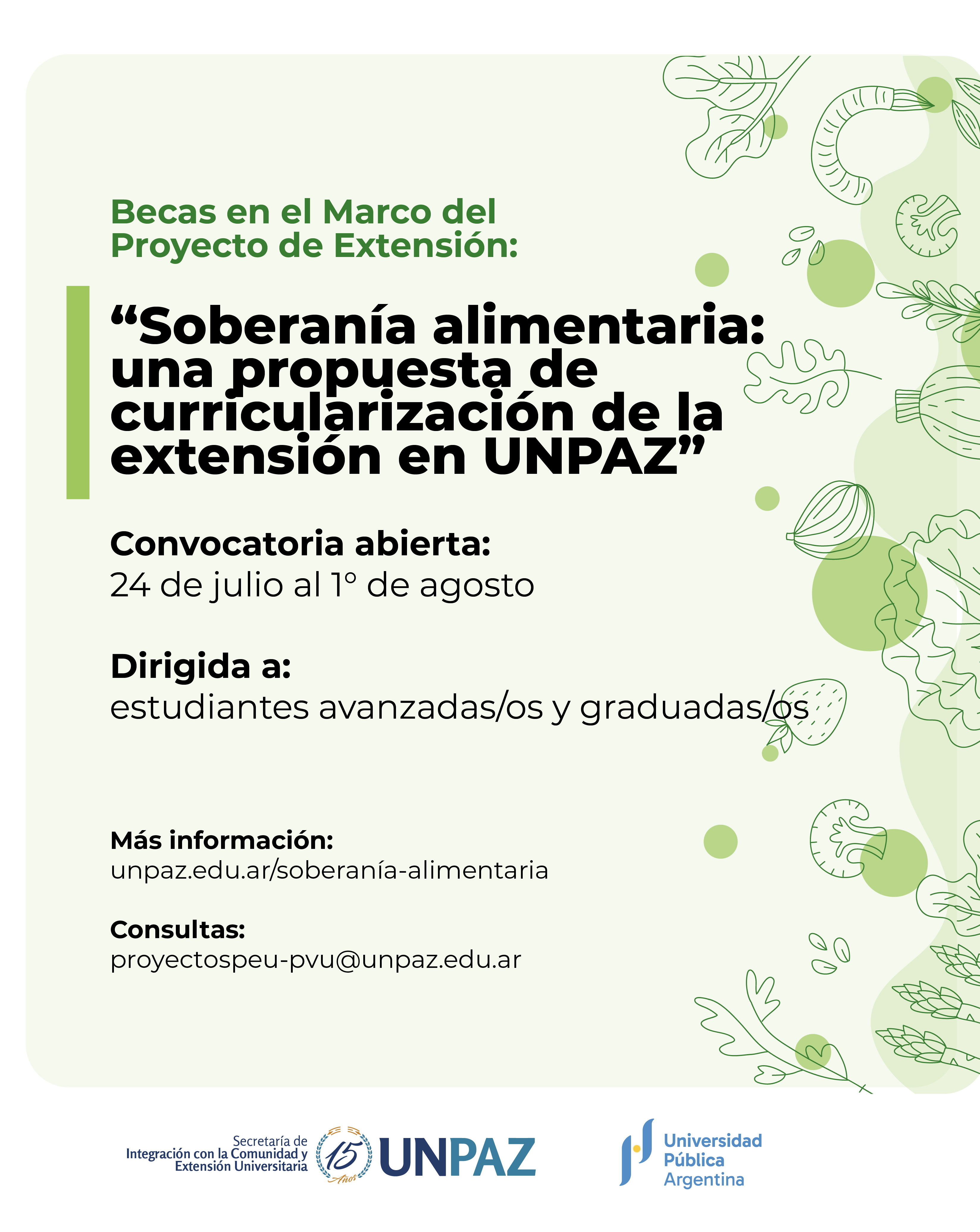 Becas en el Marco del Proyecto de Extensión:  “Soberanía alimentaria: una propuesta de curricularización de la extensión en UNPAZ” - UNPAZ