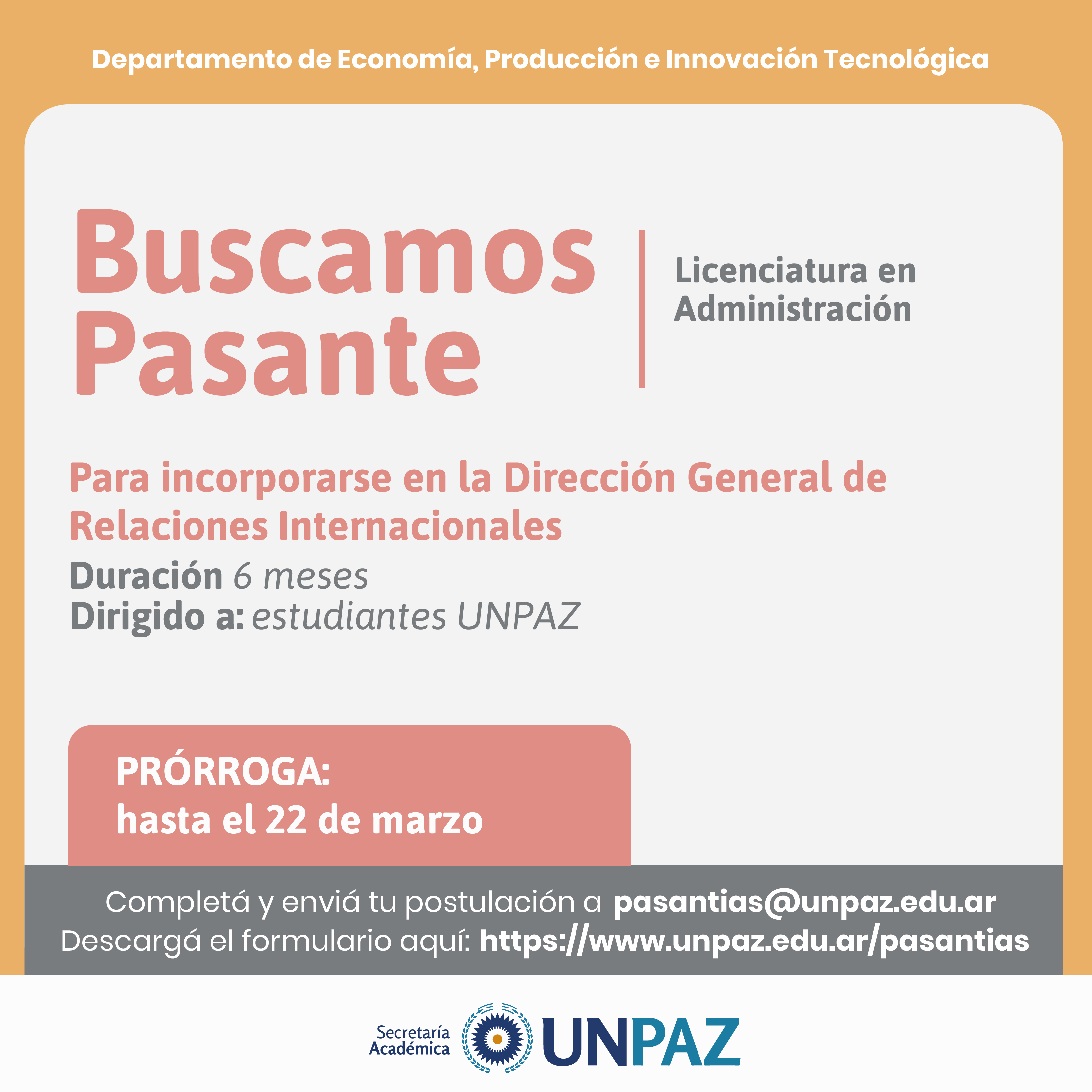 CONVOCATORIA ABIERTA A PASANTÍA EN LA DIRECCIÓN GENERAL DE RELACIONES INTERNACIONALES  - UNPAZ